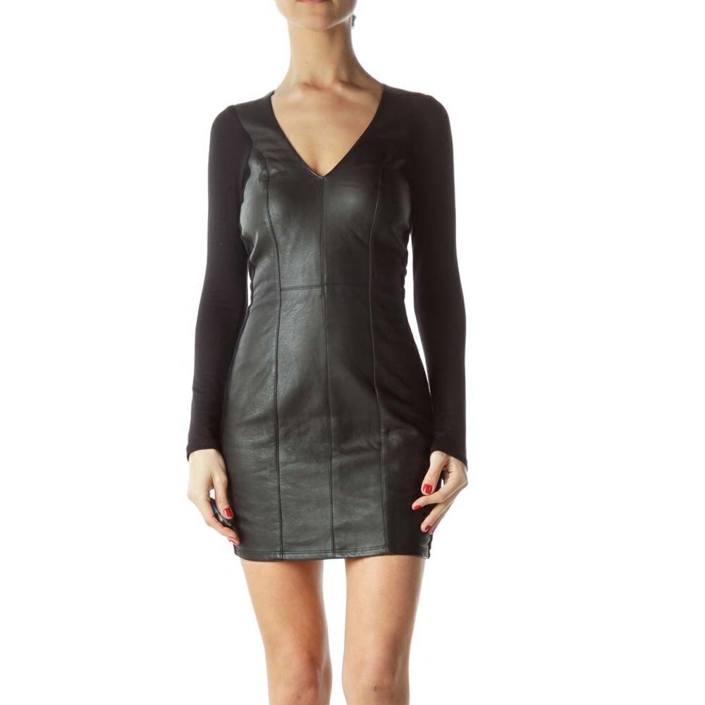 SKY Black Mixed Media Faux-Leather Front Long Sleeve Dress